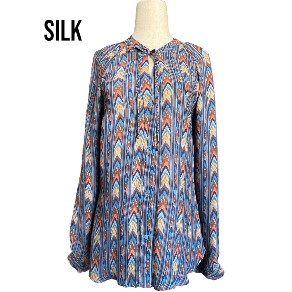 Jamison SILK‎ Southwestern Aztec Herringbone Print Tie Neck Long Sleeve Sm